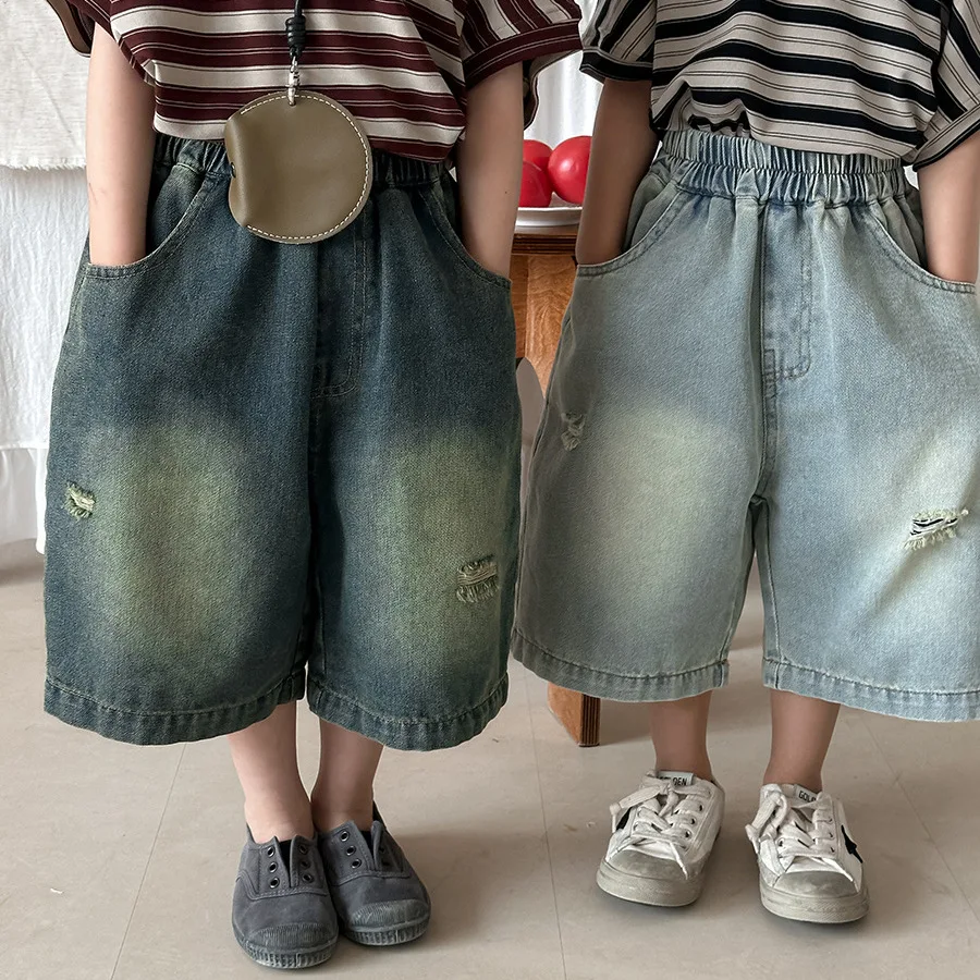 

2026 New Unisex Kids Faded Ripped Denim Capri Pants Vintage Wide Leg Loose Breathable Street Style Toddler Daily Casual Bottom