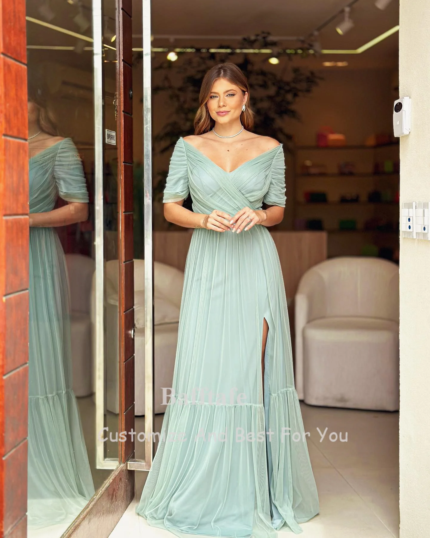 Bafftafe Simple Half Sleeves Women Prom Dresses Pleated V-Neck Beach Formal Wedding Bridesmaid Dress Special Evenig Party Gowns