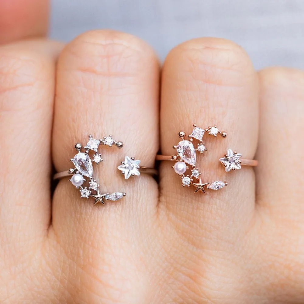 factory wholesale brass cz jewelry crescent moon pearl bead unique fashion open adjust girl women moon star ring
