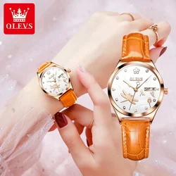 OLEVS-Reloj mecánico automático para Mujer, pulsera con correa de cuero de lujo, esfera de esqueleto de libélula, a la moda