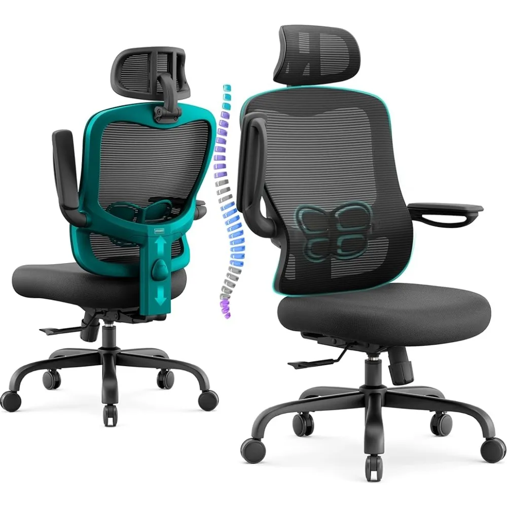 

Office Chair Big and Tall - 350LBS Capacity Lumbar Support Armchair With Adjustable Mesh High Back 3D Headrest