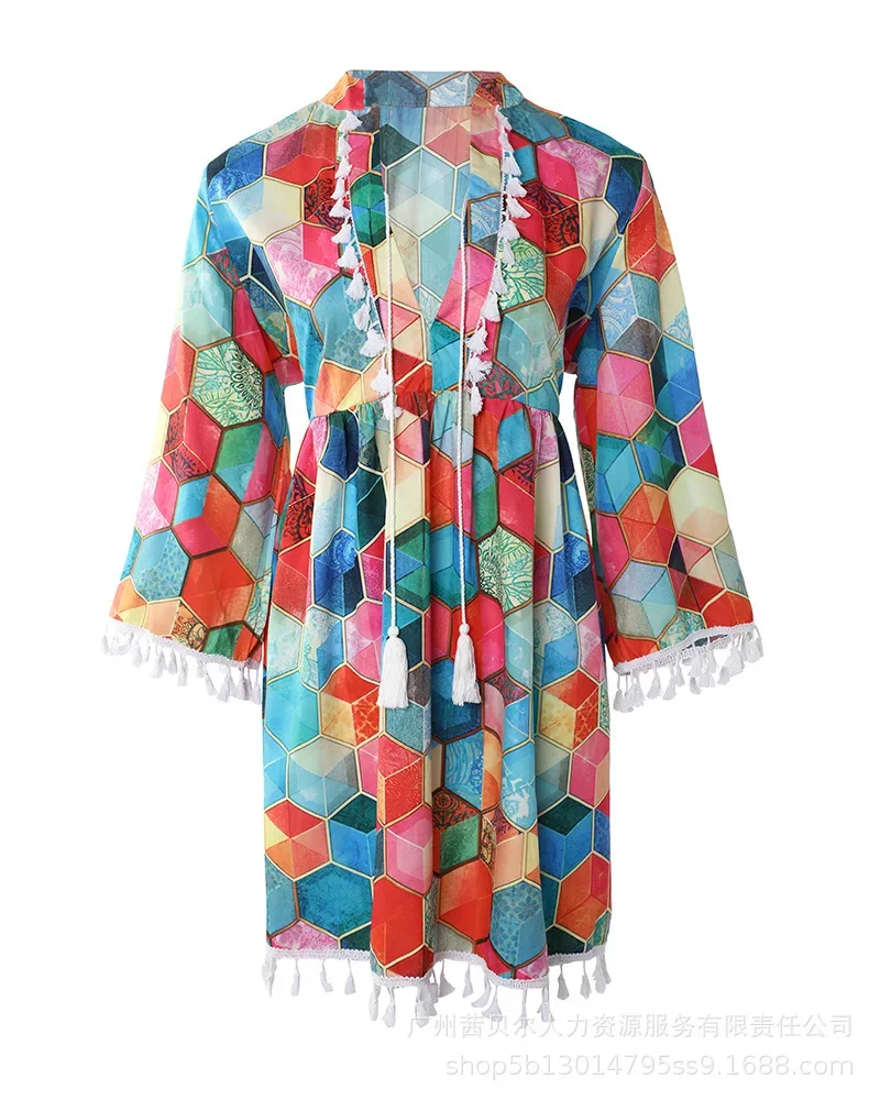 Allover Geometric Print Tassel Decor Bell Sleeve Dress Women Elegant Summer Y2k Vestido Beach Vacation Boho Summer Sweet Boho