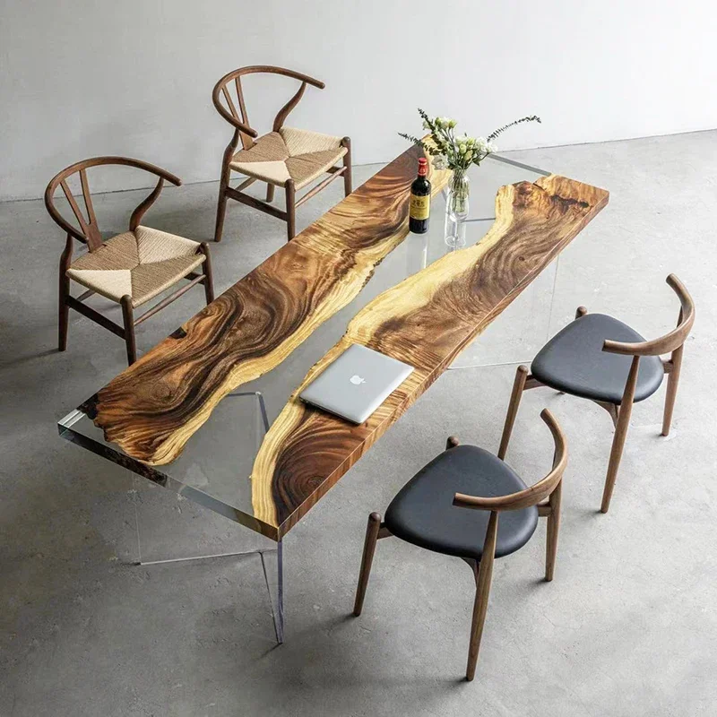 Custom Modern epoxy resin art river solid wood black walnut log wave tea  table whole board furniture can be customized