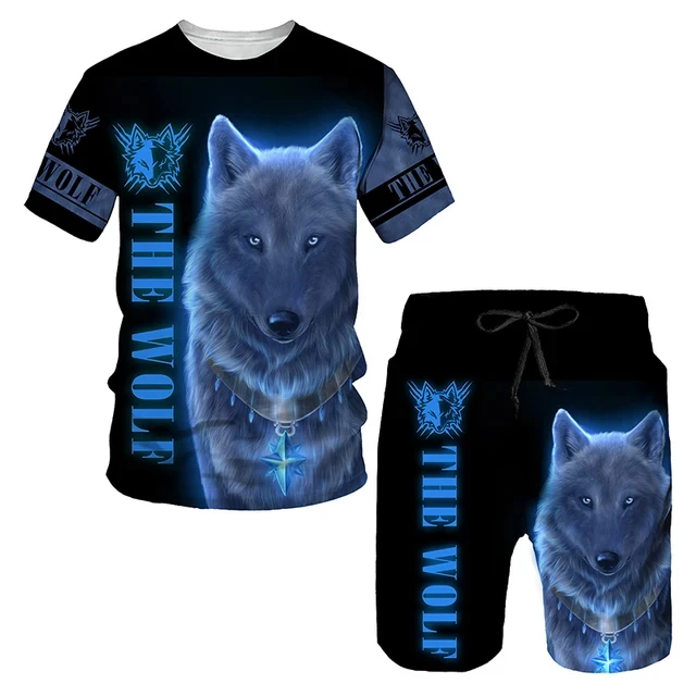 The Wolf Print Set Suit Hip Hop Harajuku 3D Sports 2 Piece Oversized Sweatshirt O-neck Tshirt Beach Shorts Outfits man clothes