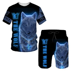 The Wolf Print Set Suit Hip Hop Harajuku 3D Sports 2 Piece Oversized Sweatshirt  O-neck Tshirt Beach Shorts Outfits man clothes