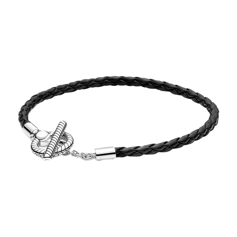 Black Braided Leather Charm Bracelets For Women 925 Sterling Silver Jewelry LOGO Round Ball Snake Chain Ring T Bar Closure Clasp