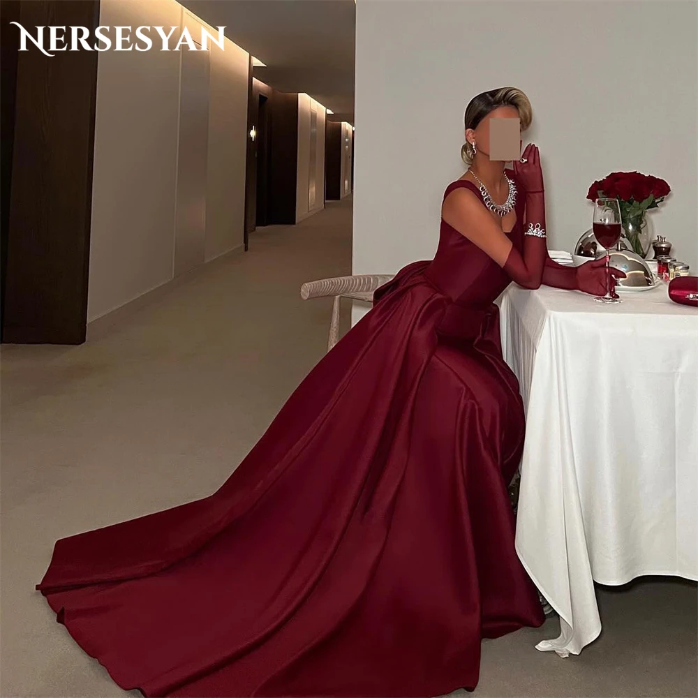 Nersesyan Elegant Burgundy Evevning Dresses robes de soirée A-Line Sauqre Collar Backless With Big Bow Party Gowns For Wedding