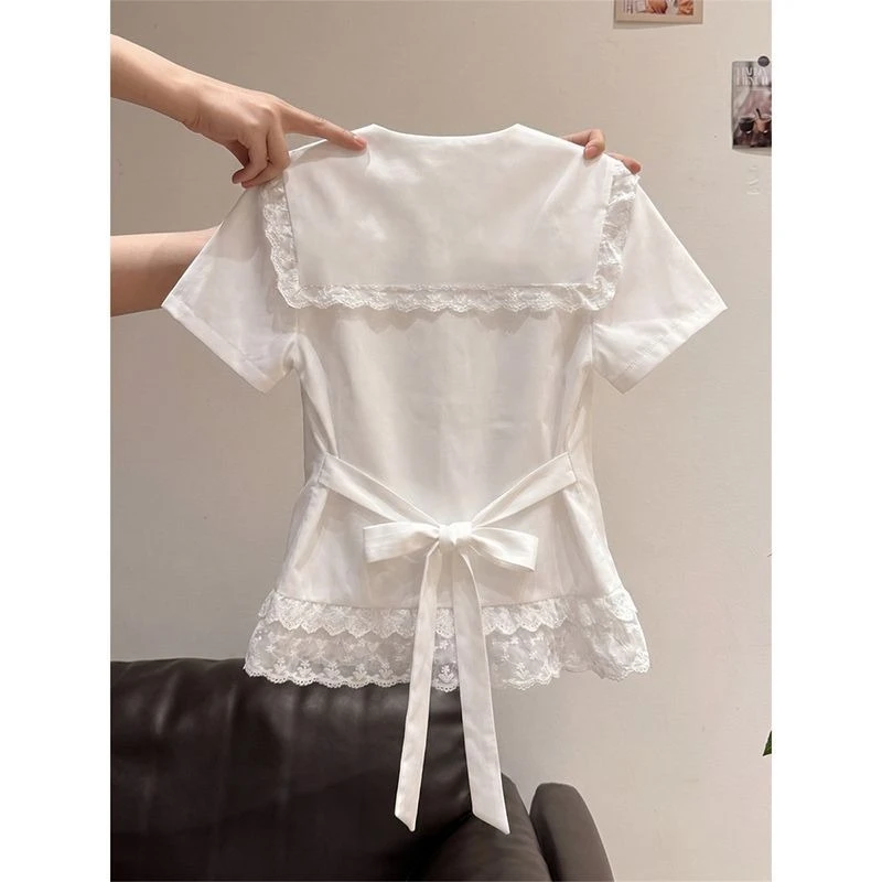 Französische Vintage Kurzarm-Bluse für Damen, Elegante Schleife, Patchwork, Bodycon, Y2k Lolita Süße Bluse mit Knöpfen, Japanischer Stil 2026
