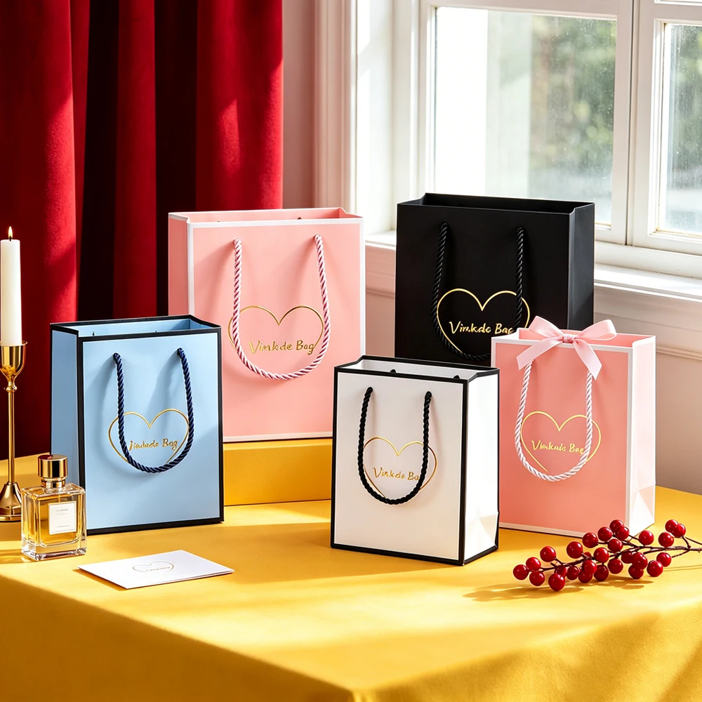 

50Pcs/Lot Custom Jewelry Tote Bags with Logo Printed Cosmetic Paper Shopping Bag Wedding Party Valentine's Day Gift Package Box