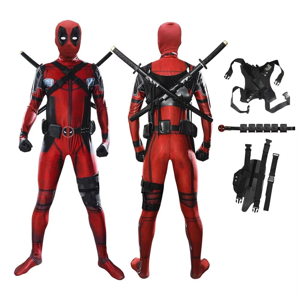 MINISO Deadpool Cosplay Costume Adult Men Superhero Bodysuit Jumpsuit with Mask Accessories Halloween Carnival Clothes Outfits