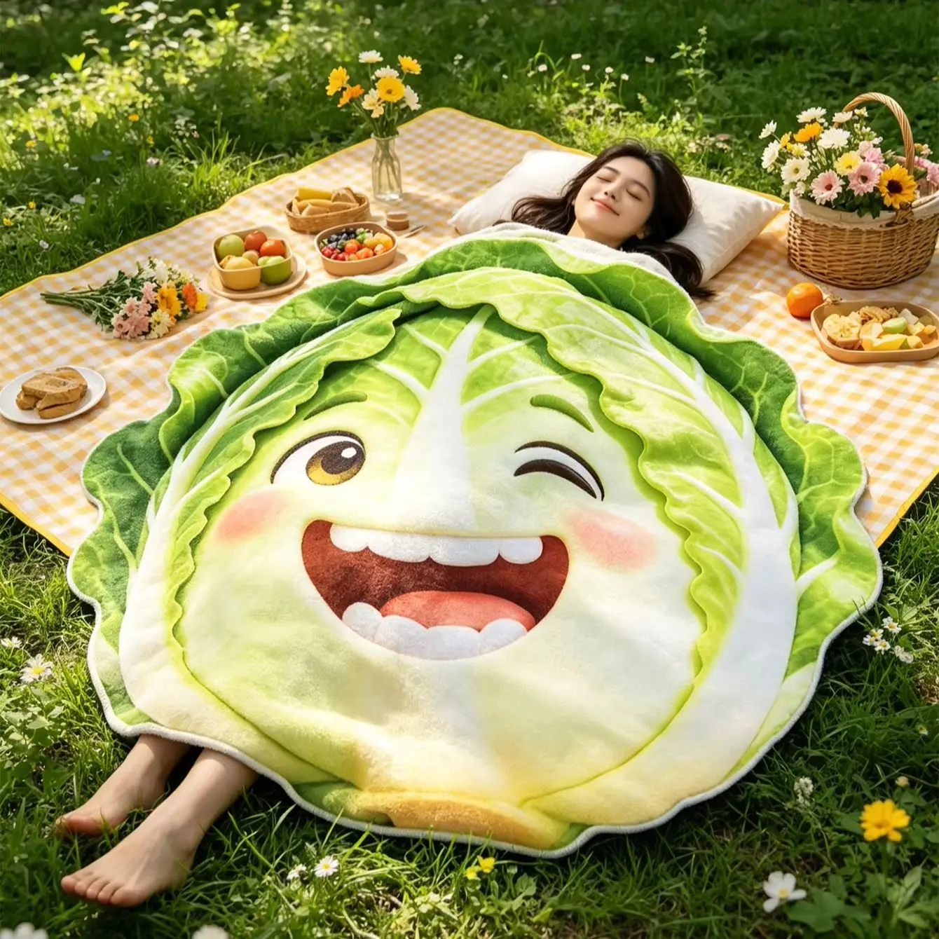 1pc  Cute Wink Cabbage Cartoon Round Blanket Soft Flannel Nap Sofa Throw Home Warm Small Cozy Blanket