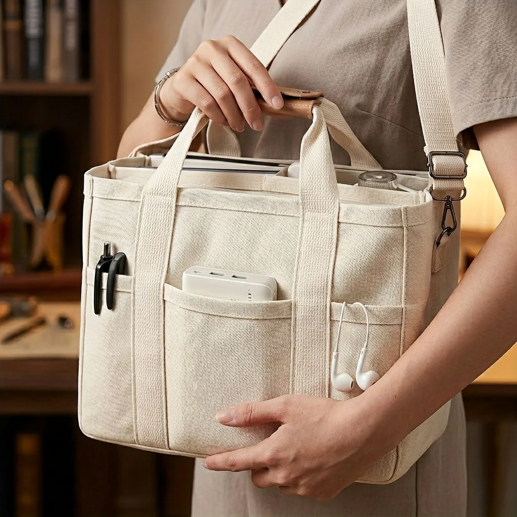 Large Capacity Multi-Pocket Shoulder Bag with Compartments, Multifunctional Tote Bag Design, Sturdy Handle, Beige