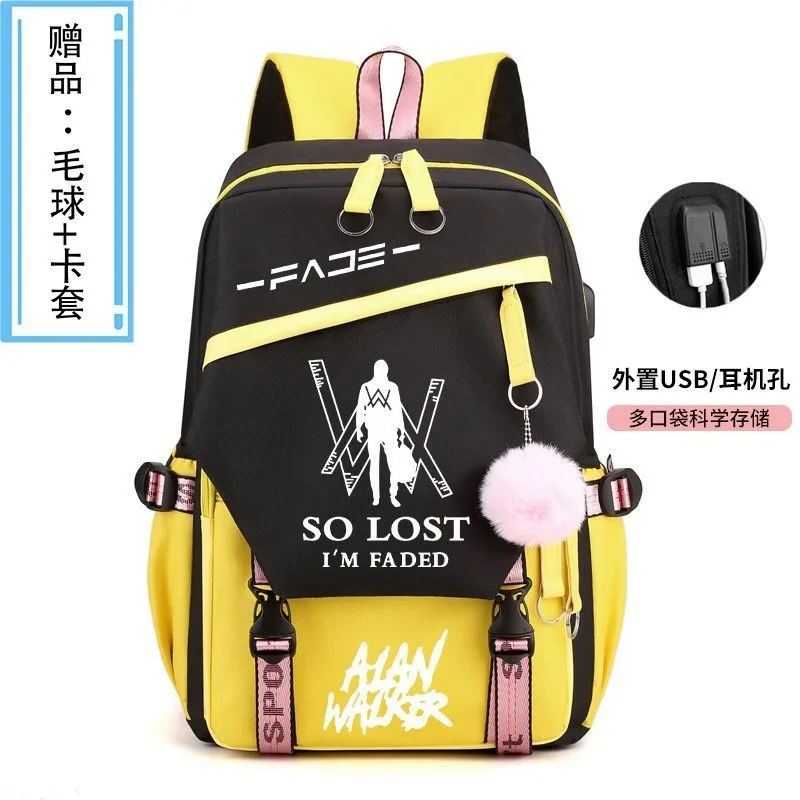 Malha respirável, com USB, jack 3,5 mm, preto azul rosa branco amarelo, Alan Walker, Marshmello, bolsas escolares, mochilas de anime para meninos e meninas