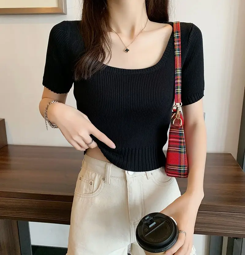 Soft Short Sleeve Positive Shoulder t-shirt Women Summer Loose Knit Tops Solid  Slim Short Top Simplicity