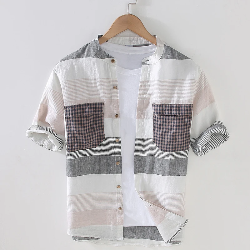 

Yarn Dyed Striped 100% Linen Mid-Sleeved Men's Shirts Summer Stand Collar Pocket Casual Blouse Classic Versatile Breathable Top