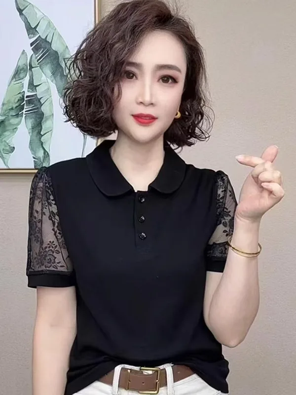 Summer Short Sleeve T-Shirt Women's Pure Color  Collar Lace Midlife Mom's Fashion Slimming Top Korean Style Loose Fit