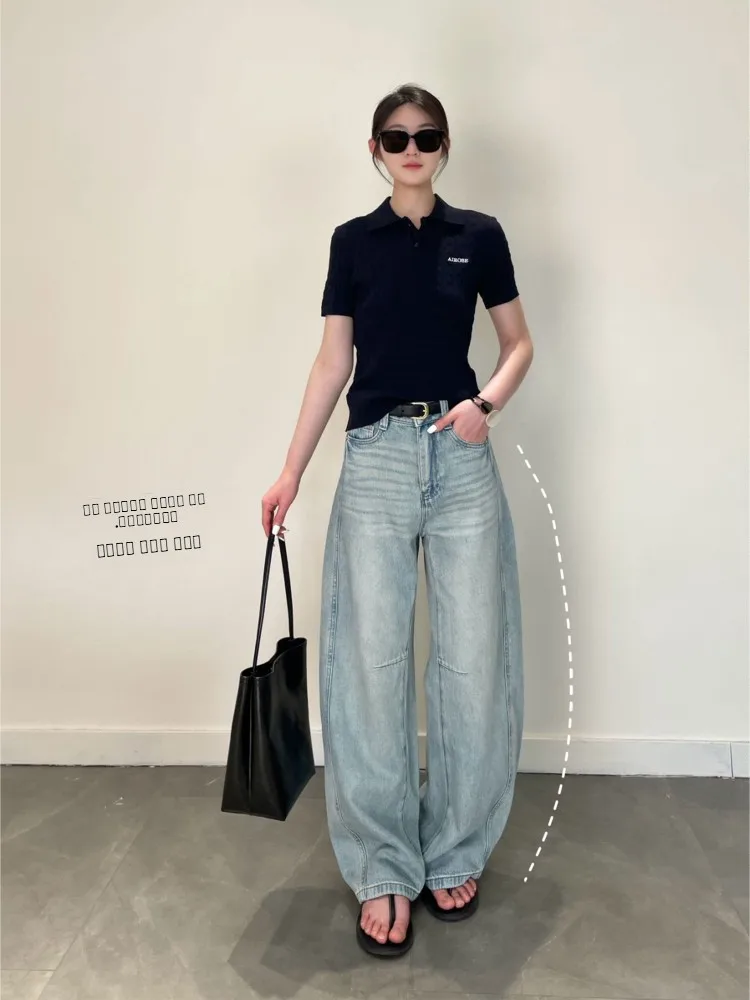 

Хлопковые джинсы Han Hanma с высокой талией и широкими штанинами, повседневные, летние, синие, износостойкие, свободного кроя, китайский бренд