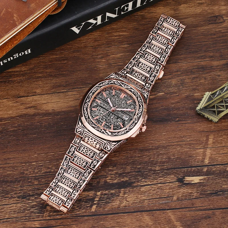 Fashion Relief Watch Men Vintage Bronze Watches Stainless Steel Band Auto Date Quartz Wristwatches Men Best Gifts Cheap Price