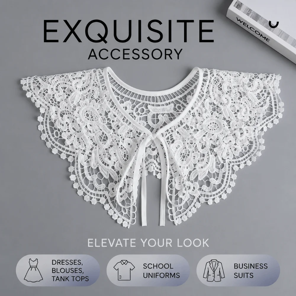 Embroidered Lace Fake Collar Shawl Ribbon Bow Hollow Lace Detachable Collar Ruffled Trim Pearl Pendant Tie Decorative Capelet