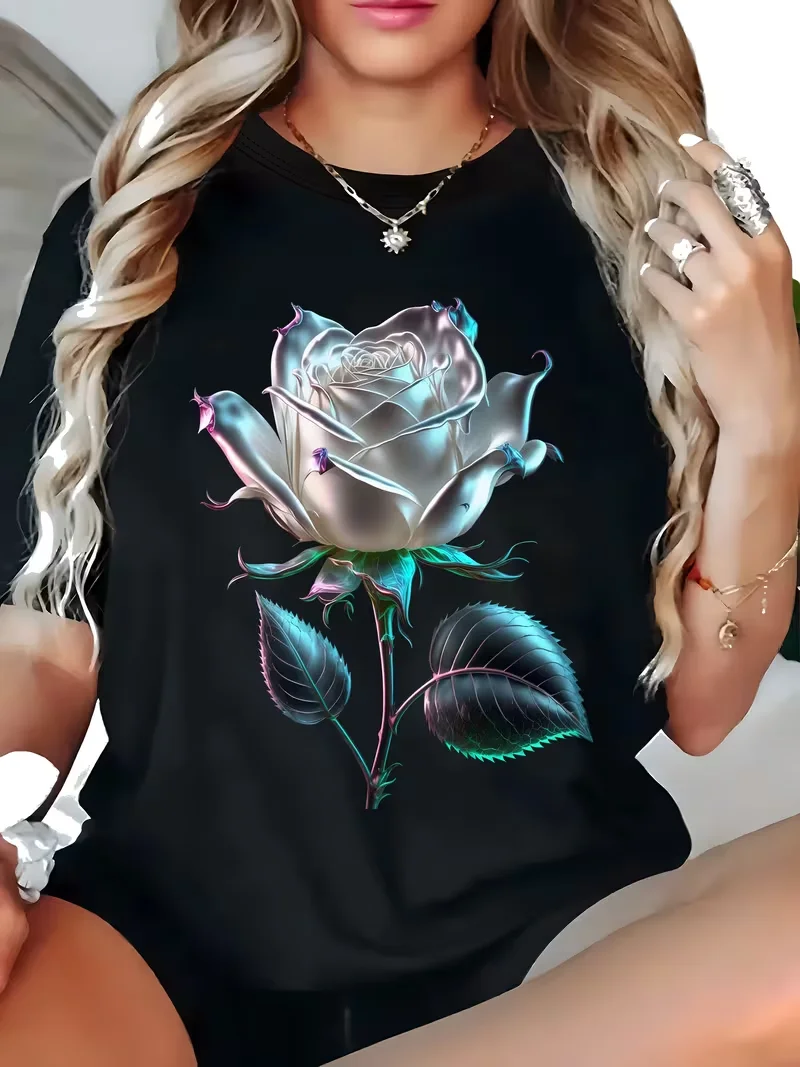 Holographic Iridescent Silver Rose Graphic T-Shirt for Women Casual Short Sleeve Crew Neck Fantasy Floral Print Tee
