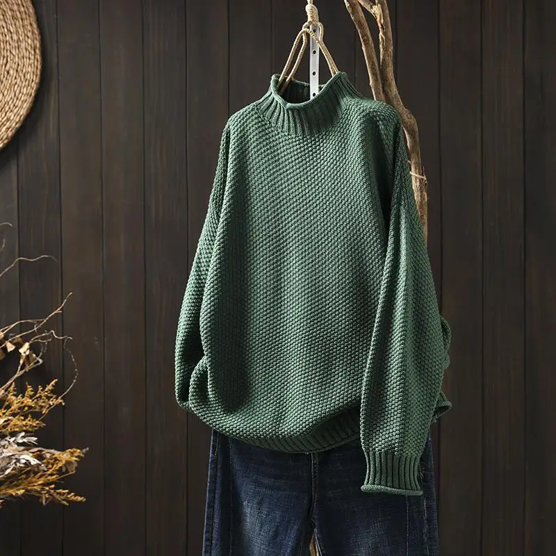 Vintage Turtleneck Pullover Women Knit Long Sleeve Top Tees Sweater Oversize Knitwears Ladies Casual 2023 New