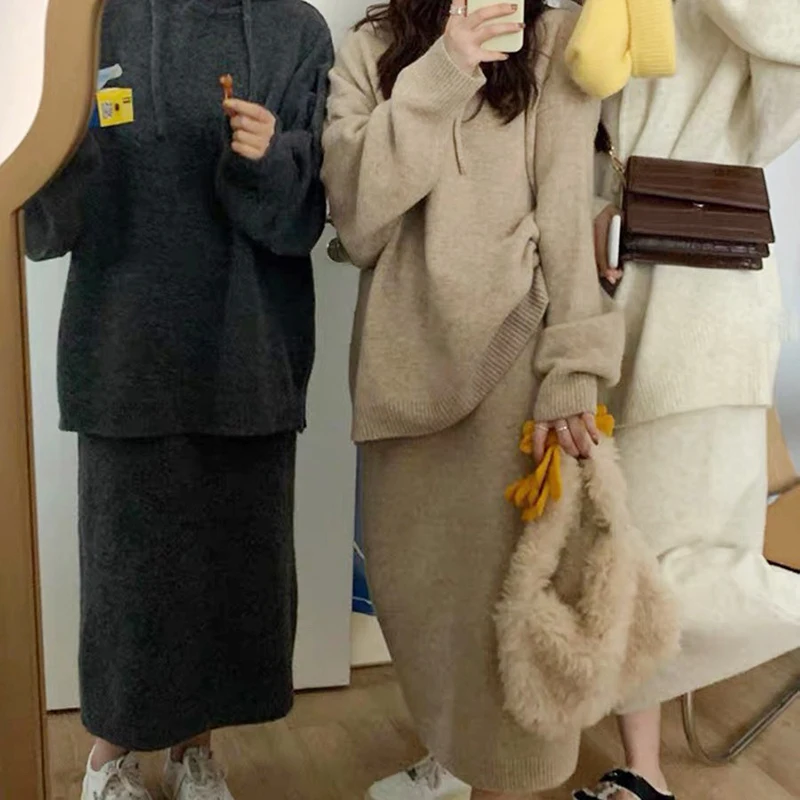 

Однотонный вязаный свитер с капюшоном в корейском стиле + полуюбка, женский осенне-зимний модный и элегантный комплект из двух предметов
