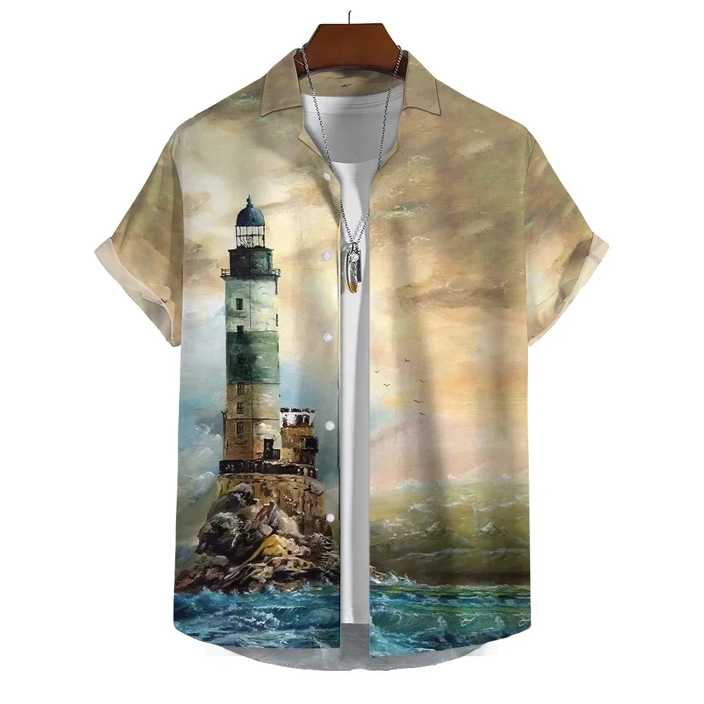 Summer New Men's Short Sleeve Shirts Lighthouse Print Casual Men's Lapel Tops Large Size Fashionable Men's Shirts Comfortable