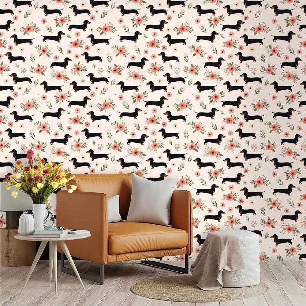 1 Roll Cartoon Sausage Dog Print Self-adhesive Circular Wallpaper, Living Room, Bedroom, Cabinet, Fashionable Sticker