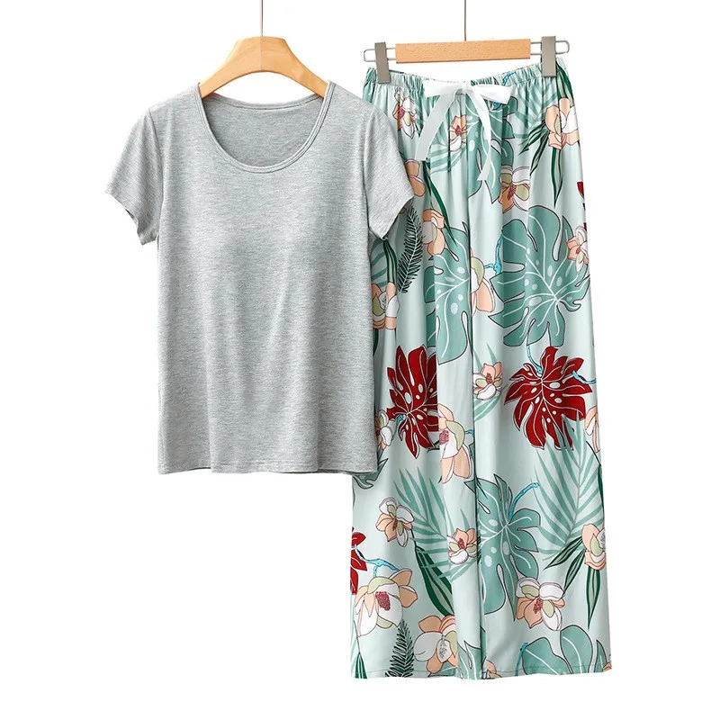 

Modal Viscose Pajamas Suit Floral Printing Short Sleeve Top Trousers Pyjamas Two-piece Loungewear Loose Casual Home Clothes Set