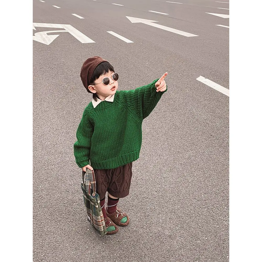 

Childrens Autumn Winter Green Sweater 2025 New Korean Fashionable Boys Girls Solid Color Long Sleeve Thicken Round Neck Pullover