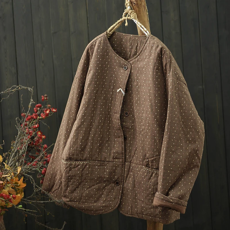 

100% Cotton Women Casual Coats New Arrival 2025 Autumn Simple Style O-neck Polka Dot Loose Female Thick Warm Jackets M2221