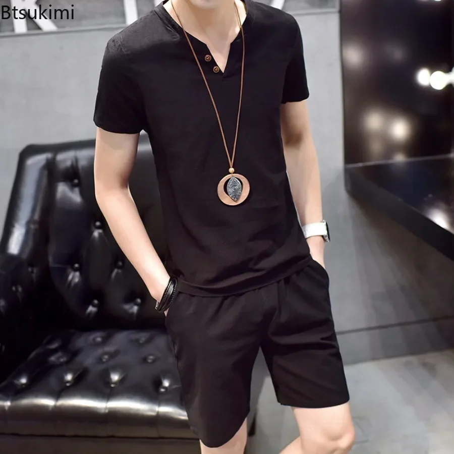 2025 Summer Tracksuit Men's Short Sleeve T-shirt and Shorts Sport Casual Suit Loose Breathable Cotton Linen Two Piece Sets Male