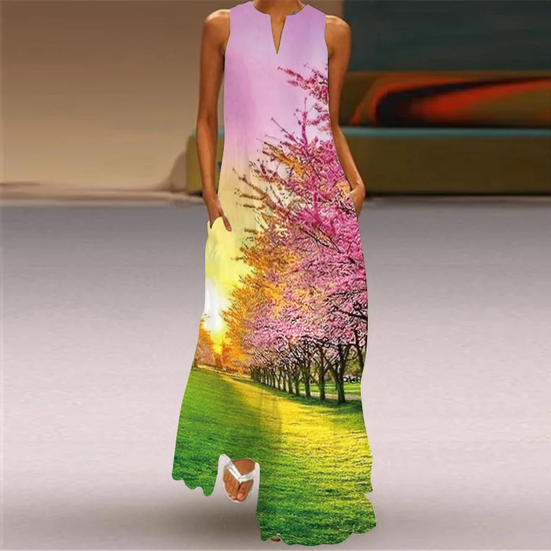 3D Rose Printed Maxi Dresses For Women 2023 New Summer Ladies Sleeveless V-neck Print Retro Dress Femme Robe Women\'s Clothing