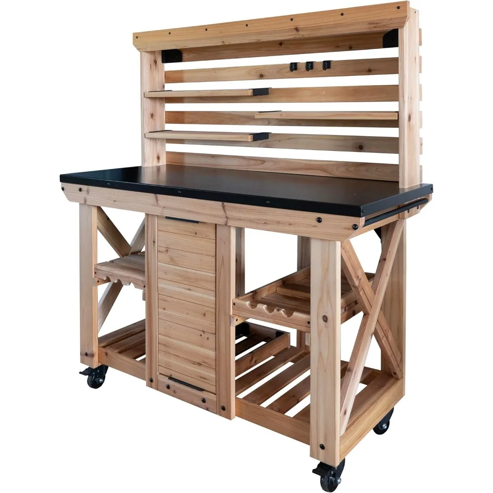 Cedar Wood Buffet Hutch with Galvanized Steel Countertop, Serving Station, Wine Rack, and Glass Holder