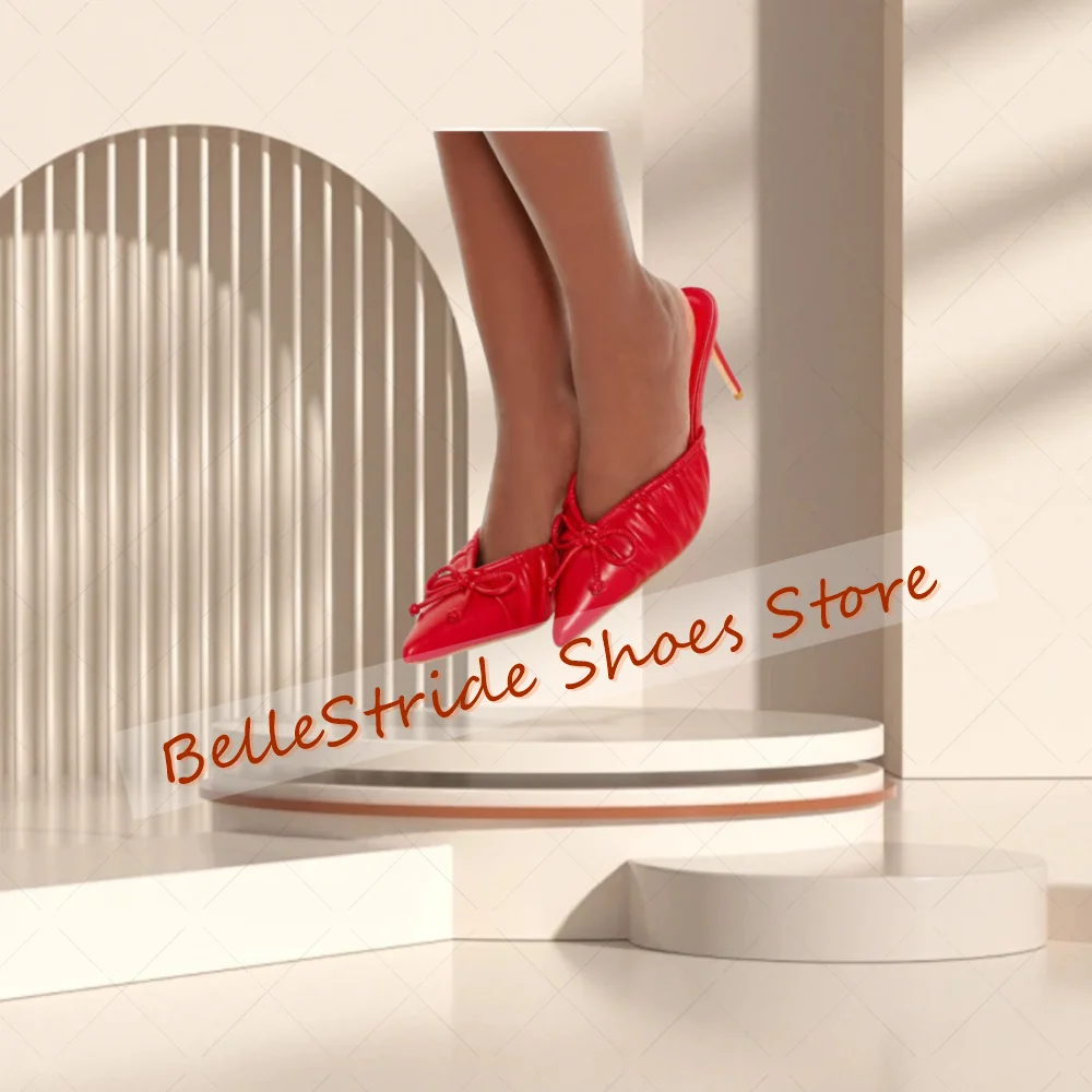 Pantofole a punta pieghettate rosse Pantofole in pelle opaca Moda donna Scarpe Tacchi alti sottili Banchetto per feste Incontri 2025 Zapatos Para Mujere