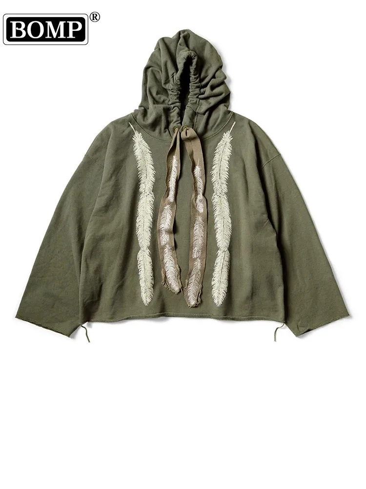 

[BOMP] Hirata Hongri Casual Feather Print Embroidered Loose Pullover Hoodie