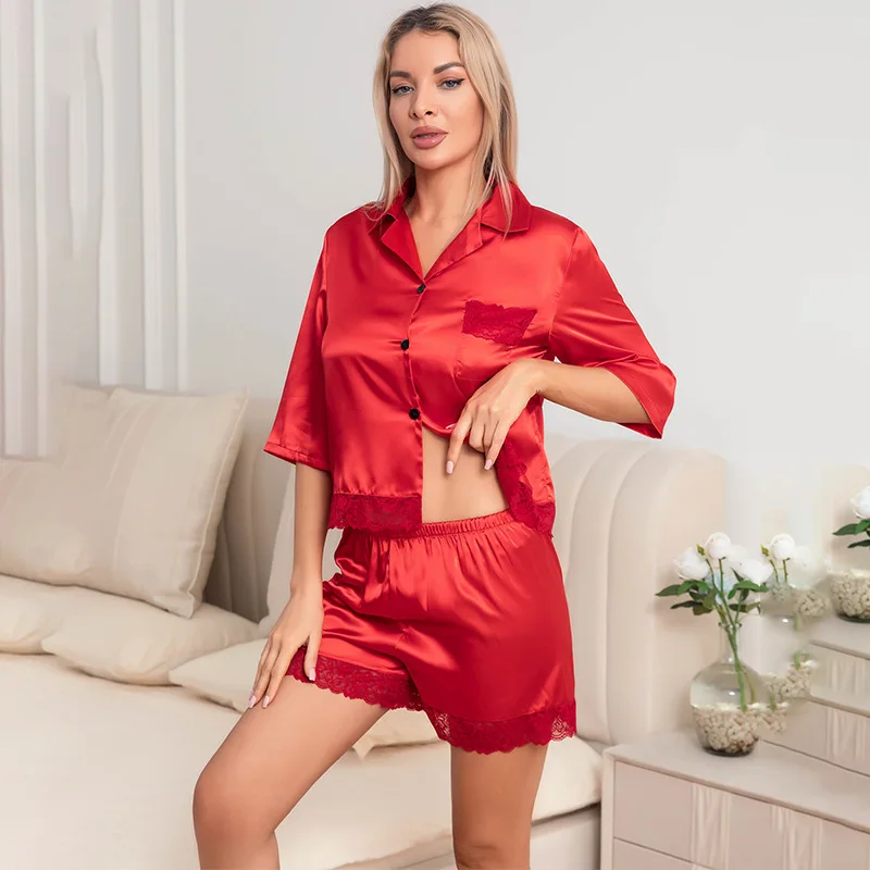 

Red Short Sleeve Shorts Floral Print Woman Satin Pajama Sets Ensembles 2 Piece Lady Outfit Lounge Women Pijama Sleepwear Pj