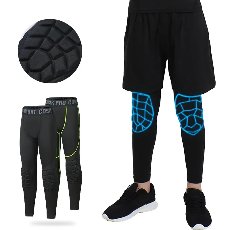 

(110-180cm)Childrens Compression Tights with Soft Armor Knee Pads Hem Protection Sport Pants for Basketball football Running