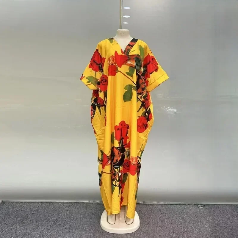 Customized Loose Maxi Skirt for Women, V-Neck, African Floral Print, Polyester Pocket, Pocket, Fashionable and Elegant, Summer