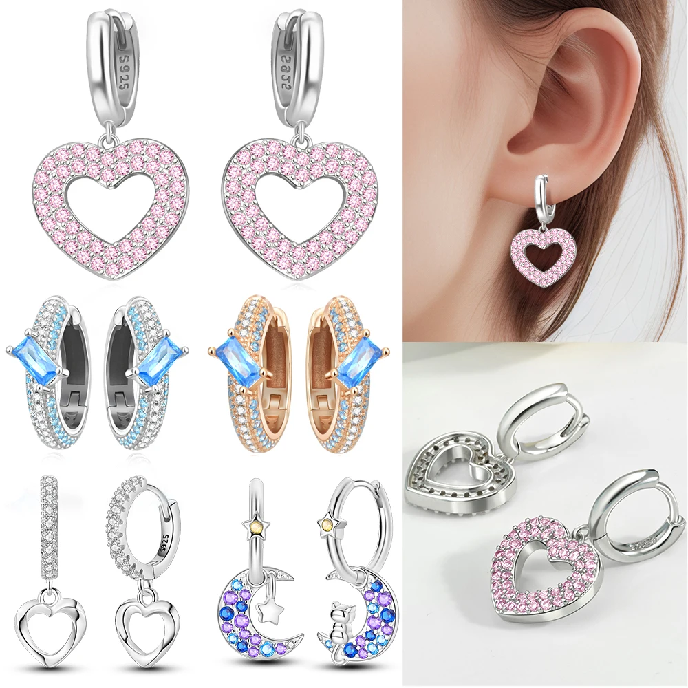 Sweet 925 Sterling Silver Pink Zircon Heart Connected &Sparkling Sapphire Earrings Girlfriend Date Gift Jewelry