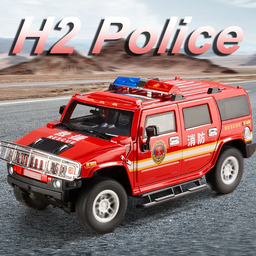 1:18 h2 modelo de carro de polícia em miniatura, brinquedo de liga fundida, veículos off-road, som, luz, portas abertas, motor de incêndio, ornamento