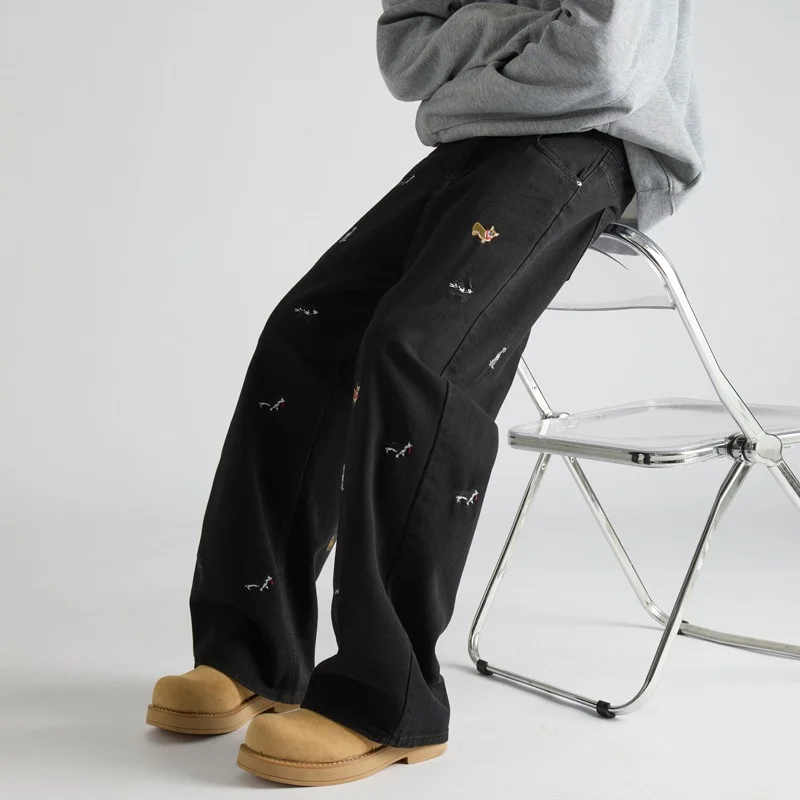 

Autumn Men's Cartoon Puppy Embroidered Baggy Jeans Hip Hop Fashion Distressed Jean Y2K Streetwear Vintage Denim pantalones