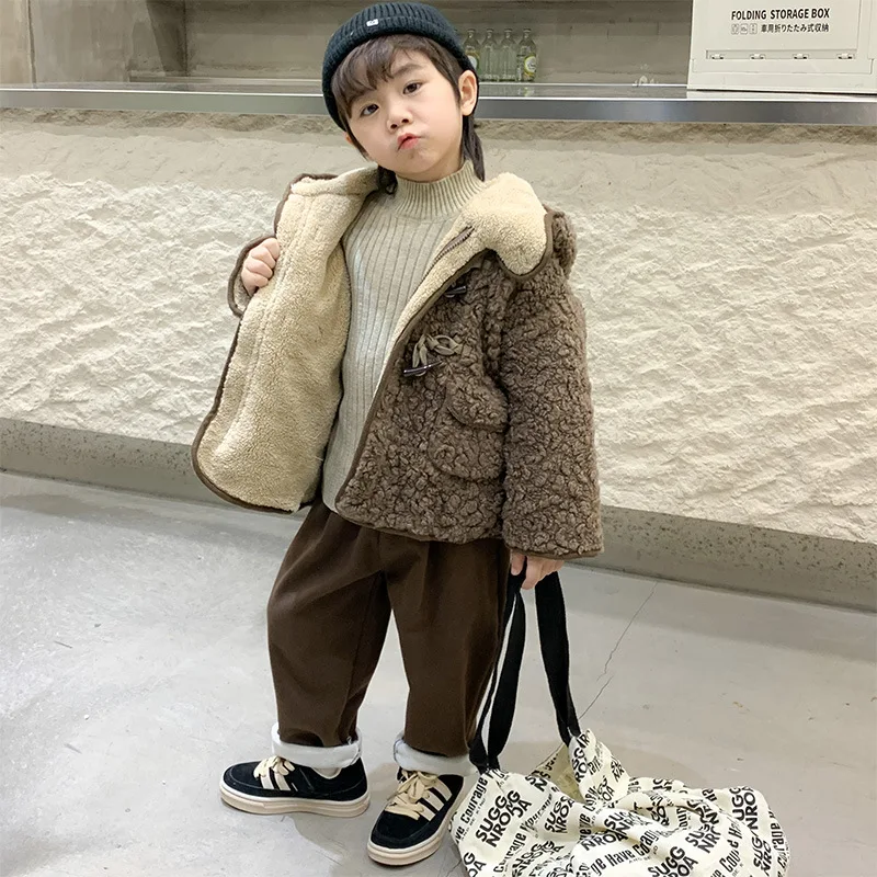 

2025 Autumn Winter Boys' Coat with Lamb Fleece Cotton and Thickened Plush Trendy Style New Children's Clothing Cotton Jacket