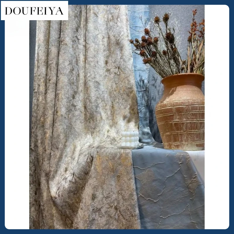 

European Curtains for Living Room Dining Bedroom Minimalist Lace Modern American Opaque Blackout Printing Gold Wire Custom Size