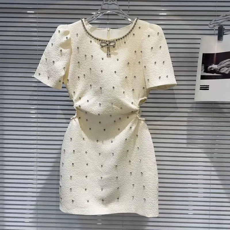 Vestido de verano con cuentas pesadas para mujer, traje ajustado de cintura alta con diamantes de imitación, manga corta con lazo