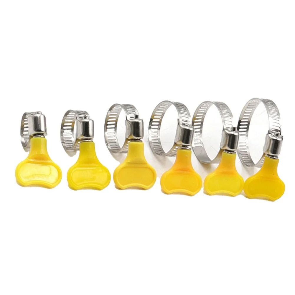 10pcs 10-38mm Hose Clamps Adjustable Yellow Plastic Handle Hand Wriggle Hose Clamp Stainless Steel Butterfly Pipe Clamps