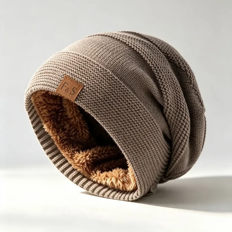 New Unisex Slouchy Winter Hats Add Fur Lined Men And Women Warm Beanie Cap Casual Label Decor Winter Knitted Hats