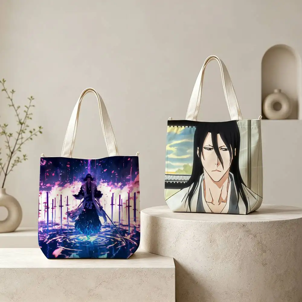 B-Bleach Anime K-Kuchiki Byakuya Tote Bag for Women Reusable Shopping Tote Bag Zippered Shoulder Bags Print