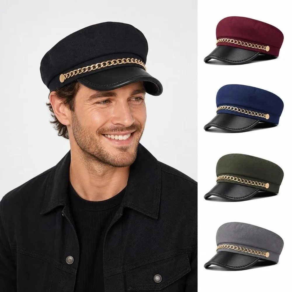 Retro Gold Chain Decor Newsboy Cap PU Leather Adjustable Flat Top Cap Short Brim Casual Peaked Cap Street Daily Wear