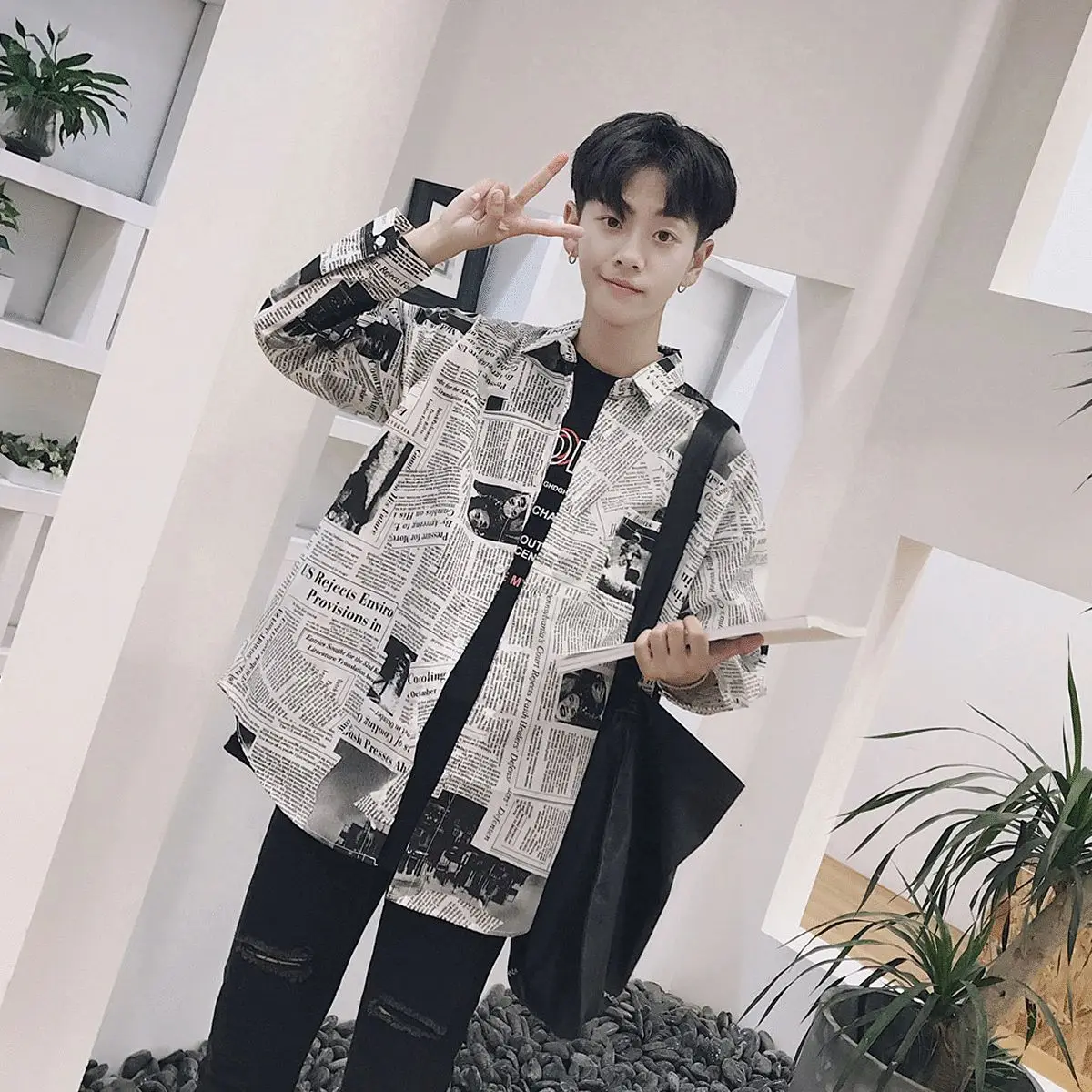 

Spring Autumn Japanese Sle Long Sve Hong Kong Sle Chic irt Youth Korean Trendy All Match Printing Men's irt